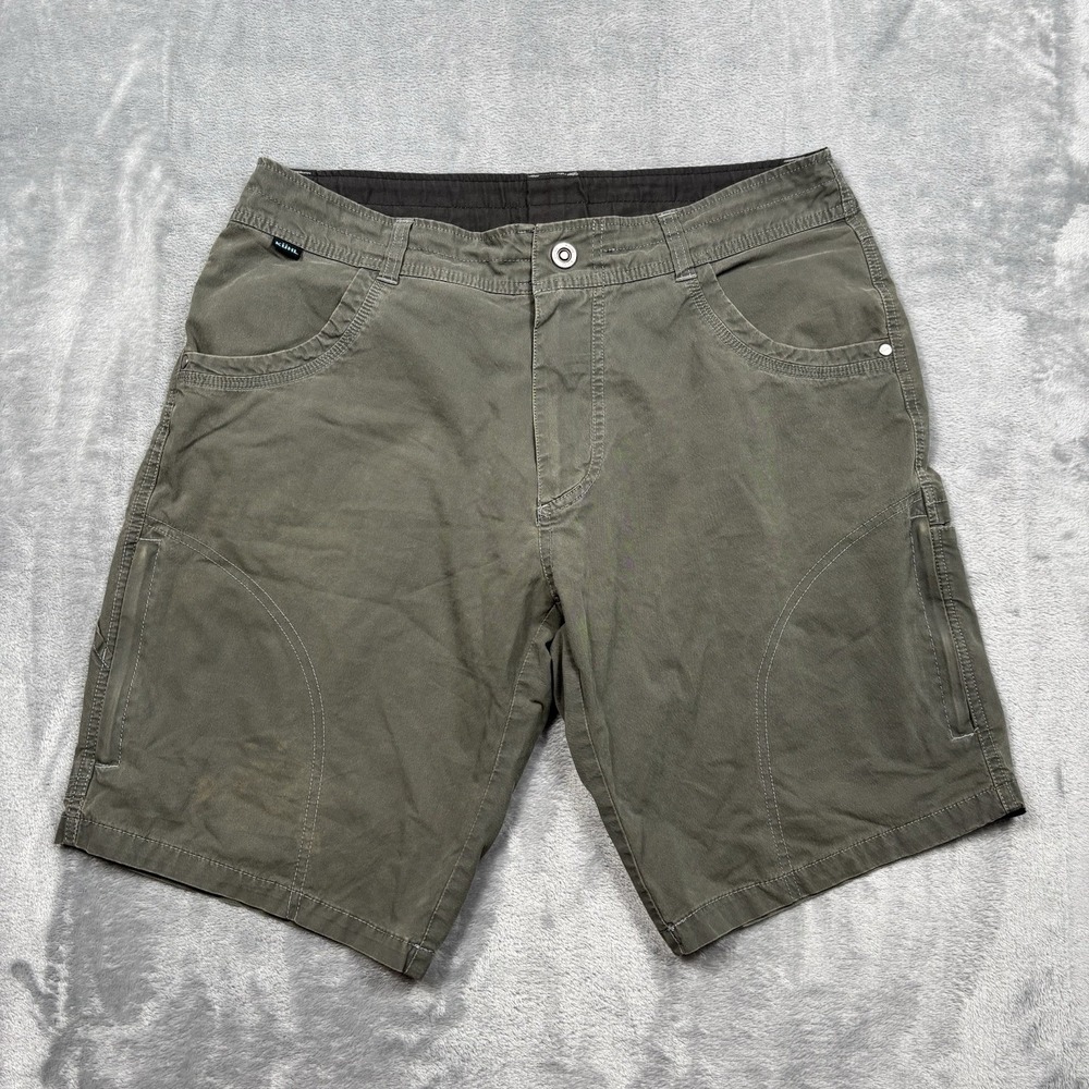 KUHL Ramblr Shorts Mens 34 Green Tan Hiking Cargo Outdoor Vintage Patina Dye 10"